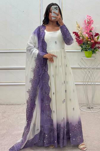 White georgette embroidered flared gown set