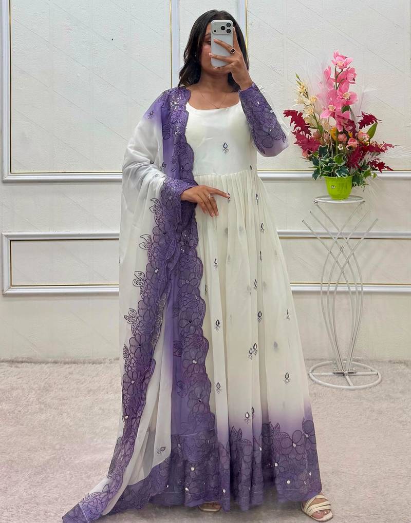 White georgette embroidered flared gown set