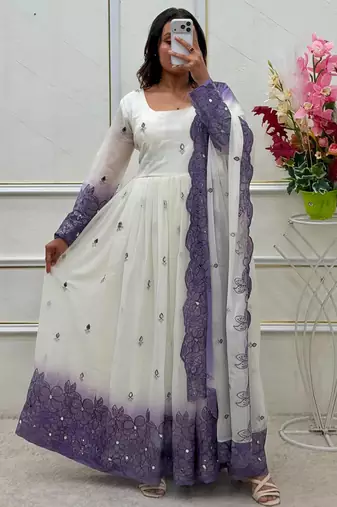 White georgette embroidered flared gown set