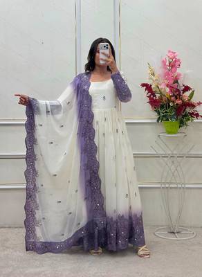 White georgette embroidered flared gown set 4