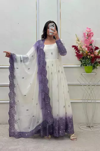 White georgette embroidered flared gown set
