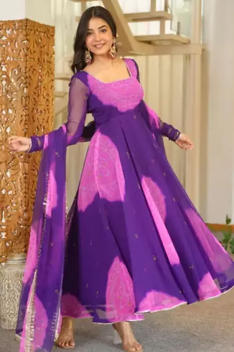 Multicolor faux georgette printed flared gown set