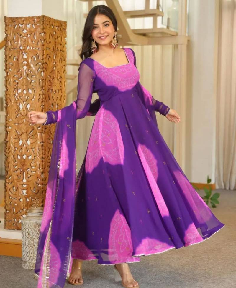 Multicolor faux georgette printed flared gown set