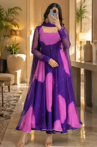 Multicolor faux georgette printed flared gown set