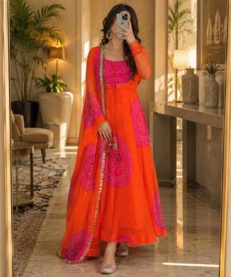 Orange faux georgette printed flared gown set 1