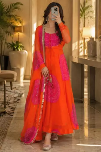 Orange faux georgette printed flared gown set