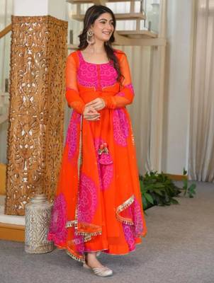 Orange faux georgette printed flared gown set 2