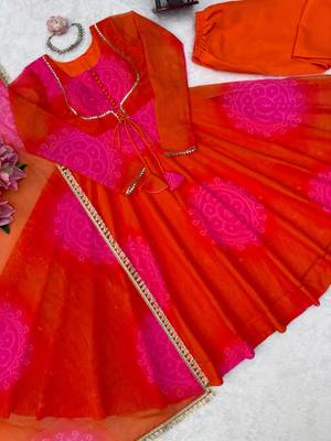 Orange faux georgette printed flared gown set 3