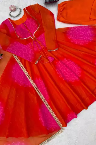 Orange faux georgette printed flared gown set