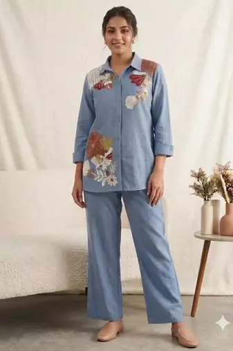 Blue cotton poly embroidered kurta set