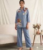 Blue cotton poly embroidered kurta set