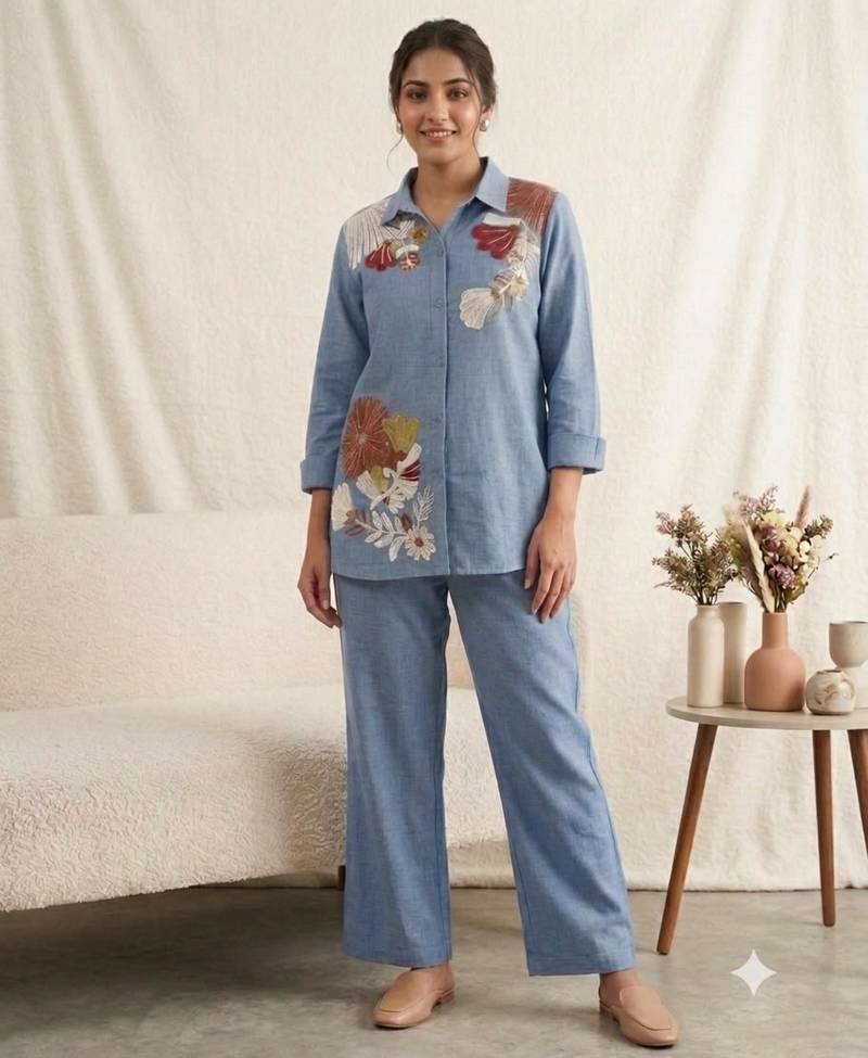 Blue cotton poly embroidered kurta set