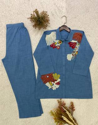 Blue cotton poly embroidered kurta set 2