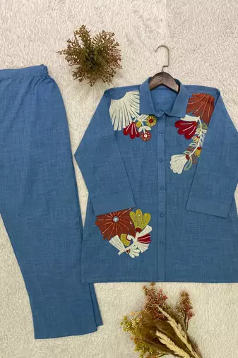 Blue cotton poly embroidered kurta set