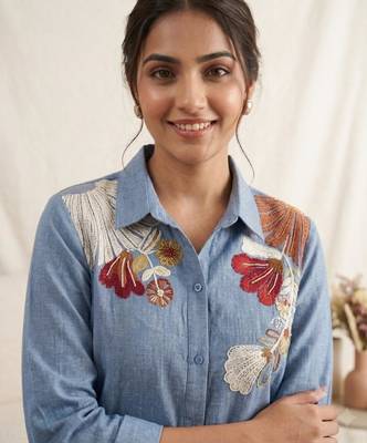 Blue cotton poly embroidered kurta set 3