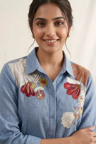 Blue cotton poly embroidered kurta set