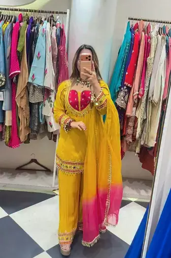 Yellow silk blend embroidered palazzo set