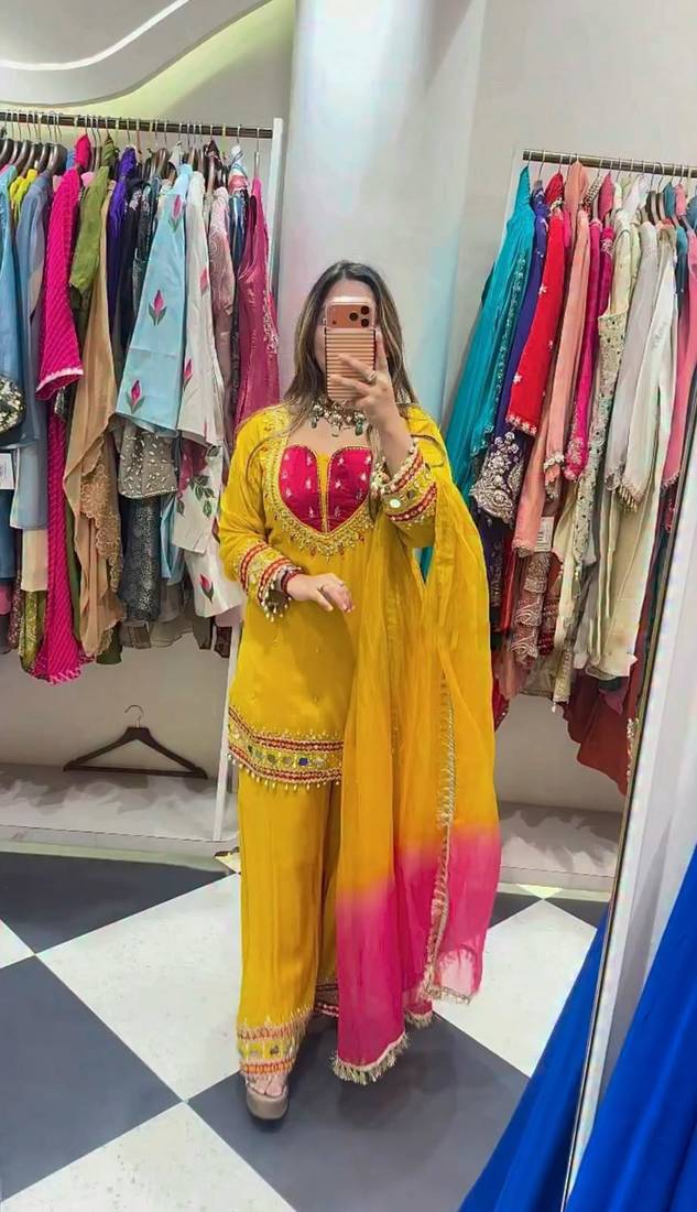 Yellow silk blend embroidered palazzo set