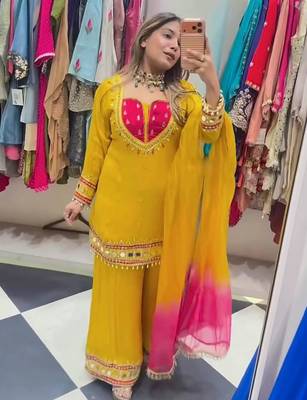 Yellow silk blend embroidered palazzo set 2