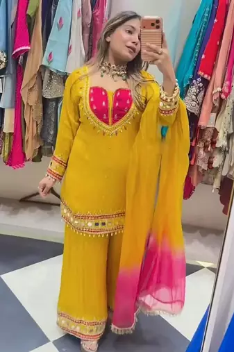 Yellow silk blend embroidered palazzo set
