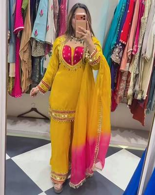 Yellow silk blend embroidered palazzo set 3