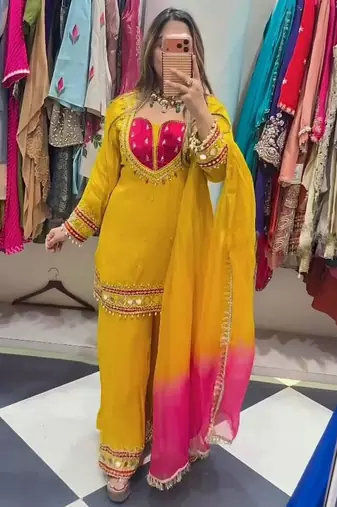 Yellow silk blend embroidered palazzo set