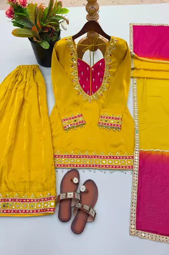 Yellow silk blend embroidered palazzo set