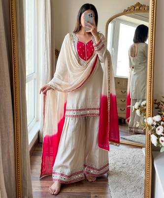 White silk blend embroidered palazzo set 1