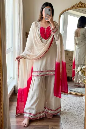White silk blend embroidered palazzo set