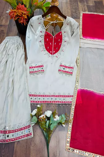 White silk blend embroidered palazzo set