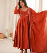 Dark-orange silk blend embroidered flared gown set