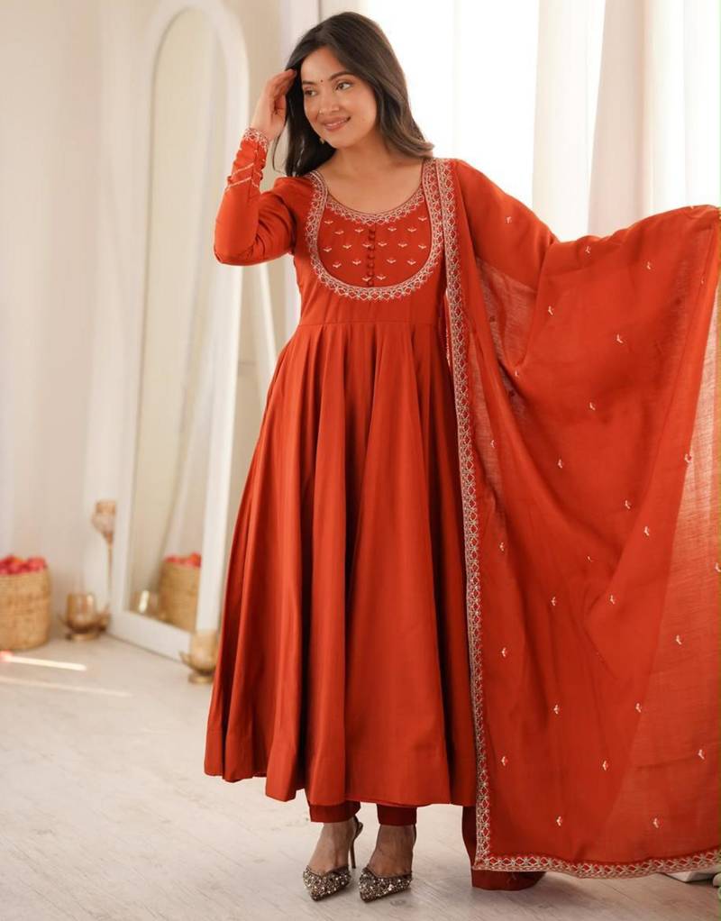 Dark-orange silk blend embroidered flared gown set