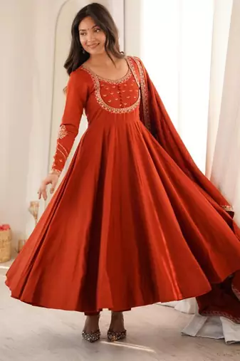 Dark-orange silk blend embroidered flared gown set