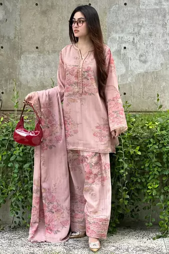 Light-pink faux georgette printed farshi salwar set