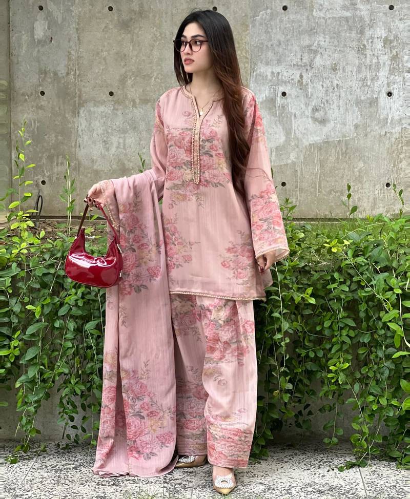 Light-pink faux georgette printed farshi salwar set