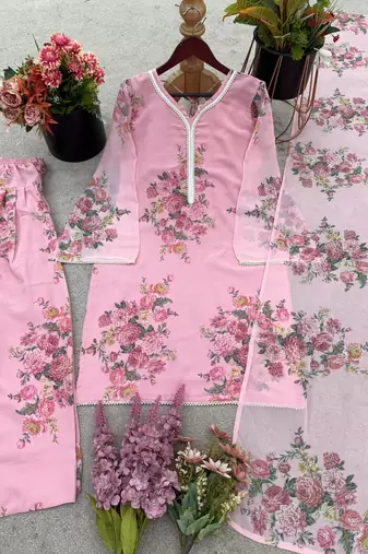 Light-pink faux georgette printed farshi salwar set