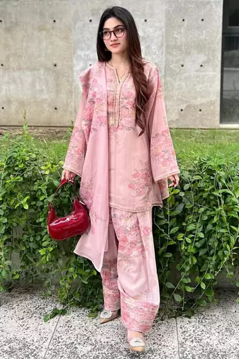 Light-pink faux georgette printed farshi salwar set