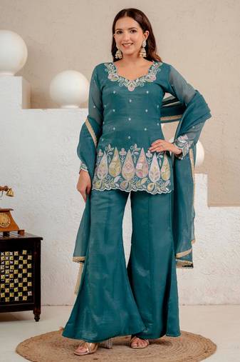 Teal silk blend embroidered palazzo set