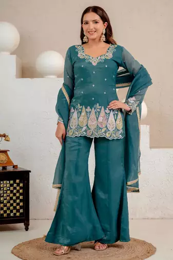 Teal silk blend embroidered palazzo set