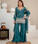 Teal silk blend embroidered palazzo set