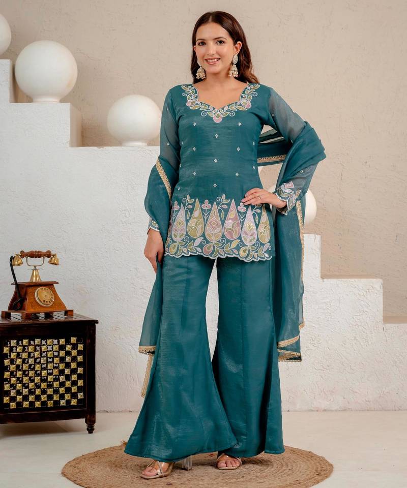 Teal silk blend embroidered palazzo set