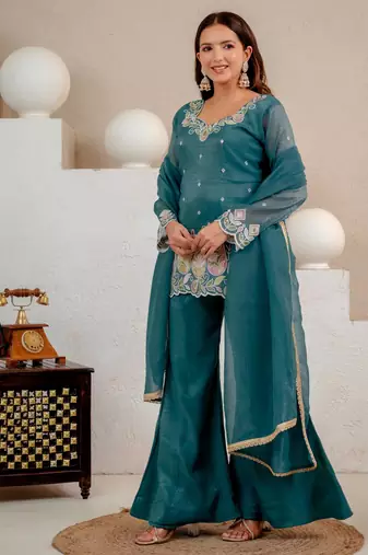 Teal silk blend embroidered palazzo set