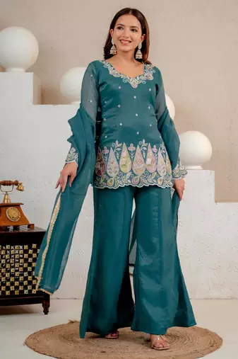 Teal silk blend embroidered palazzo set