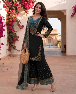 Black cotton poly embroidered palazzo set 1