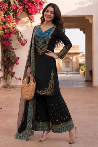 Black cotton poly embroidered palazzo set