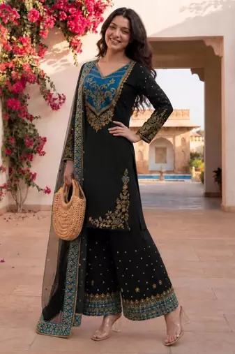 Black cotton poly embroidered palazzo set