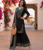 Black cotton poly embroidered palazzo set