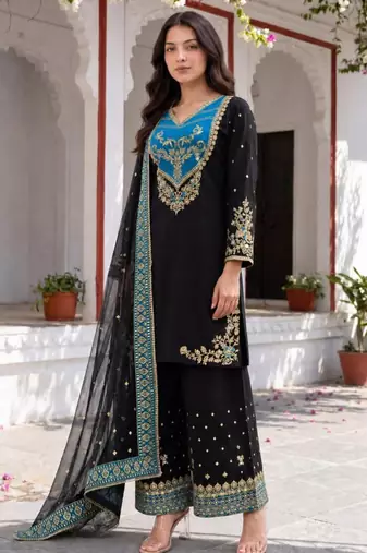 Black cotton poly embroidered palazzo set