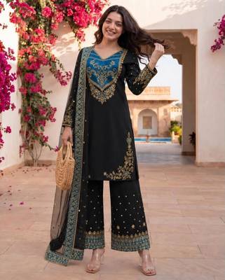 Black cotton poly embroidered palazzo set 3