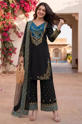 Black cotton poly embroidered palazzo set